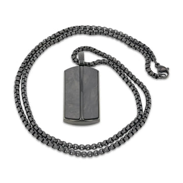 Coiled black box chain with the black stainless steel pendant showing the two carbon fiber inlay panels