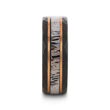 RUSTIC Black Tungsten Rose Hammered Ring with Antler Inlay - 8mm - Larson Jewelers