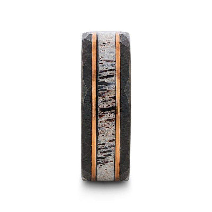 RUSTIC Black Tungsten Rose Hammered Ring with Antler Inlay - 8mm - Larson Jewelers