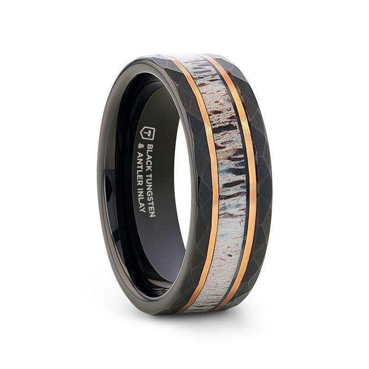 RUSTIC Black Tungsten Rose Hammered Ring with Antler Inlay - 8mm - Larson Jewelers