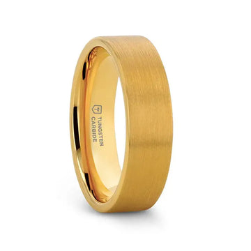 Another side profile of the brushed gold-plated tungsten wedding band.
