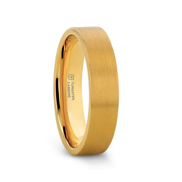 Gold-plated brushed tungsten wedding ring worn on a hand to show scale and fit.