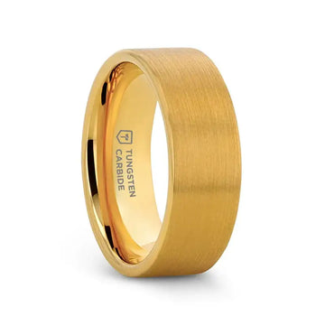 Gold-plated flat brushed tungsten carbide wedding band shown at an angle with polished gold interior engraved “Tungsten Carbide.”