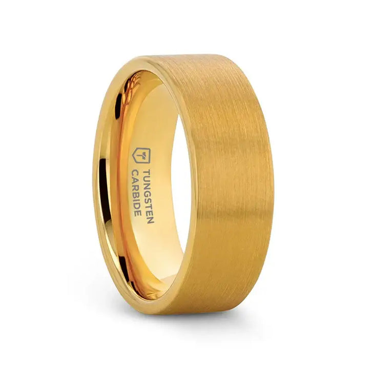 Gold-plated flat brushed tungsten carbide wedding band shown at an angle with polished gold interior engraved “Tungsten Carbide.”