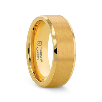 Gold-plated tungsten carbide ring with brushed flat center and polished beveled edges, interior marked “Tungsten Carbide.”
