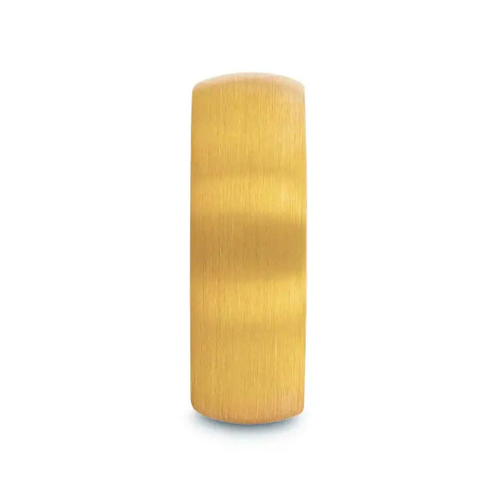 Top-down view showing the 8mm wide brushed gold-plated tungsten band