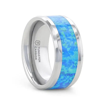 QUASAR Tungsten Wedding Band with Blue Green Opal Inlay - 4mm - 10mm - Larson Jewelers