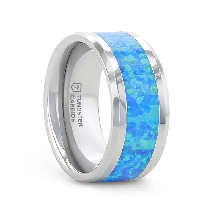 QUASAR Tungsten Wedding Band with Blue Green Opal Inlay - 4mm - 10mm - Larson Jewelers