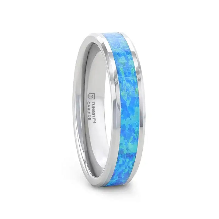 QUASAR Tungsten Wedding Band with Blue Green Opal Inlay - 4mm - 10mm - Larson Jewelers
