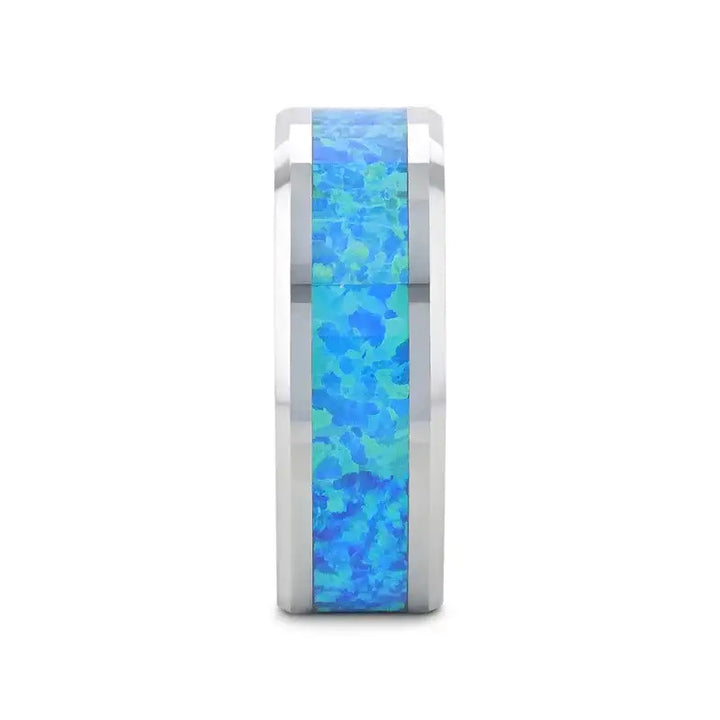 QUASAR Tungsten Wedding Band with Blue Green Opal Inlay - 4mm - 10mm - Larson Jewelers
