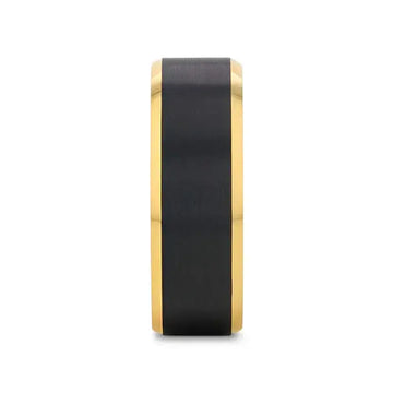 Front profile view of the gold-plated tungsten ring showing the brushed black center band