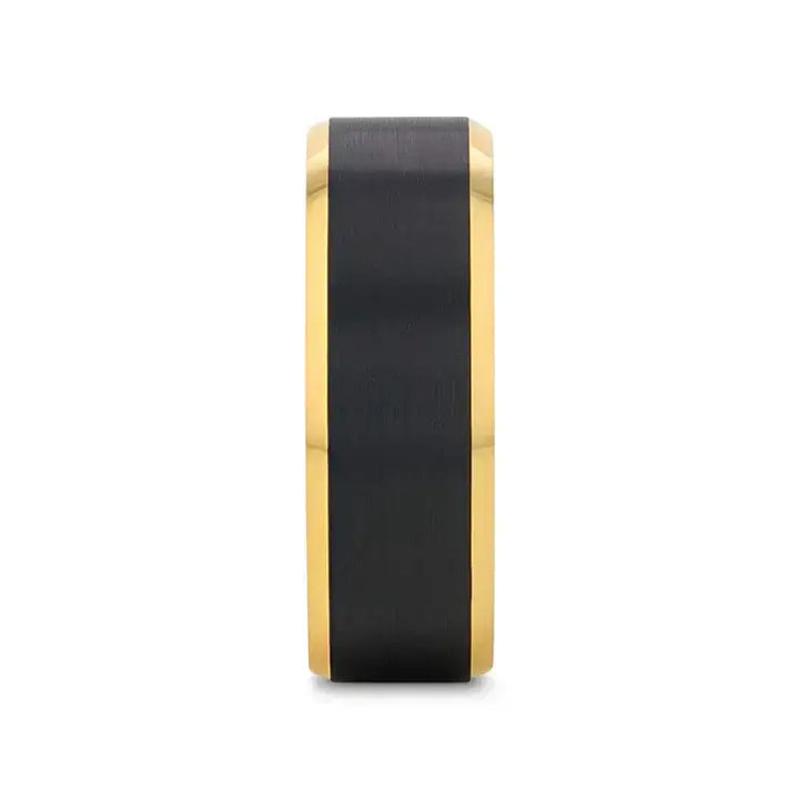 Front profile view of the gold-plated tungsten ring showing the brushed black center band
