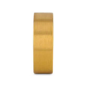 Side profile view of the gold-plated brushed tungsten carbide ring showing its thickness.