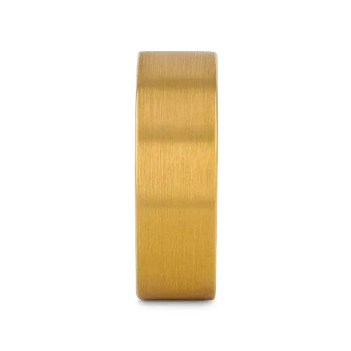 Side profile view of the gold-plated brushed tungsten carbide ring showing its thickness.