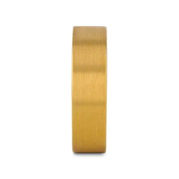 Angled view of the narrower flat brushed gold-plated tungsten carbide ring with marked interior.