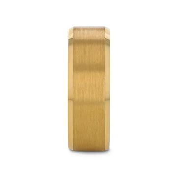 Top view of the gold-plated tungsten ring highlighting the flat brushed center band.