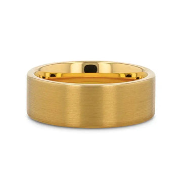 Front view of the flat brushed gold-plated tungsten ring with polished comfort-fit interior.