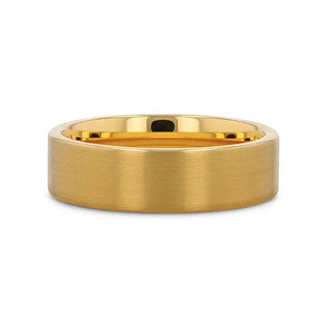Front view of the narrower brushed gold-plated tungsten ring showing flat profile and comfort-fit interior.