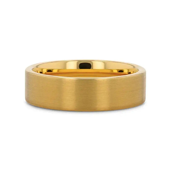 Front view of the narrower brushed gold-plated tungsten ring showing flat profile and comfort-fit interior.