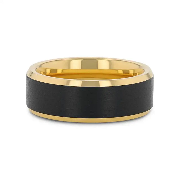Side view of the ring laying flat, highlighting polished gold beveled edges and black brushed center
