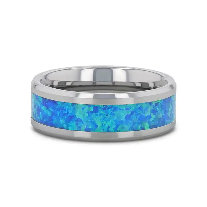 QUASAR Tungsten Wedding Band with Blue Green Opal Inlay - 4mm - 10mm - Larson Jewelers