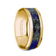 LAZARUS 14k Yellow Gold Polished Beveled Edges Men’s Wedding Ring with Blue Lapis Lazuli Inlay - 8mm - Larson Jewelers
