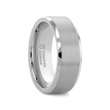 Angled view of a silver tungsten carbide ring with a brushed flat center and polished beveled edges, comfort-fit interior