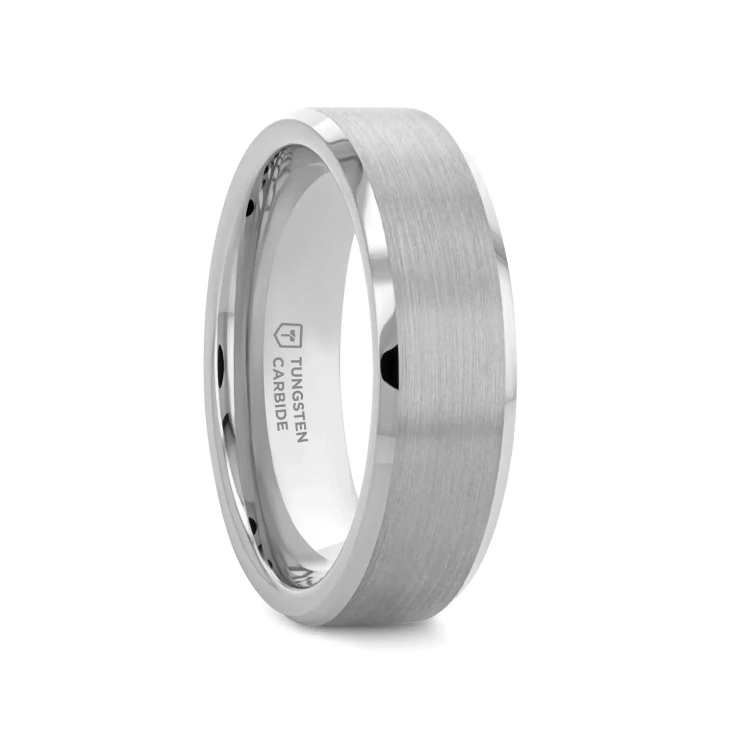 SHEFFIELD Flat Beveled Tungsten Carbide Ring, Brushed Center, Comfort Fit — 4mm to 12mm - Larson Jewelers