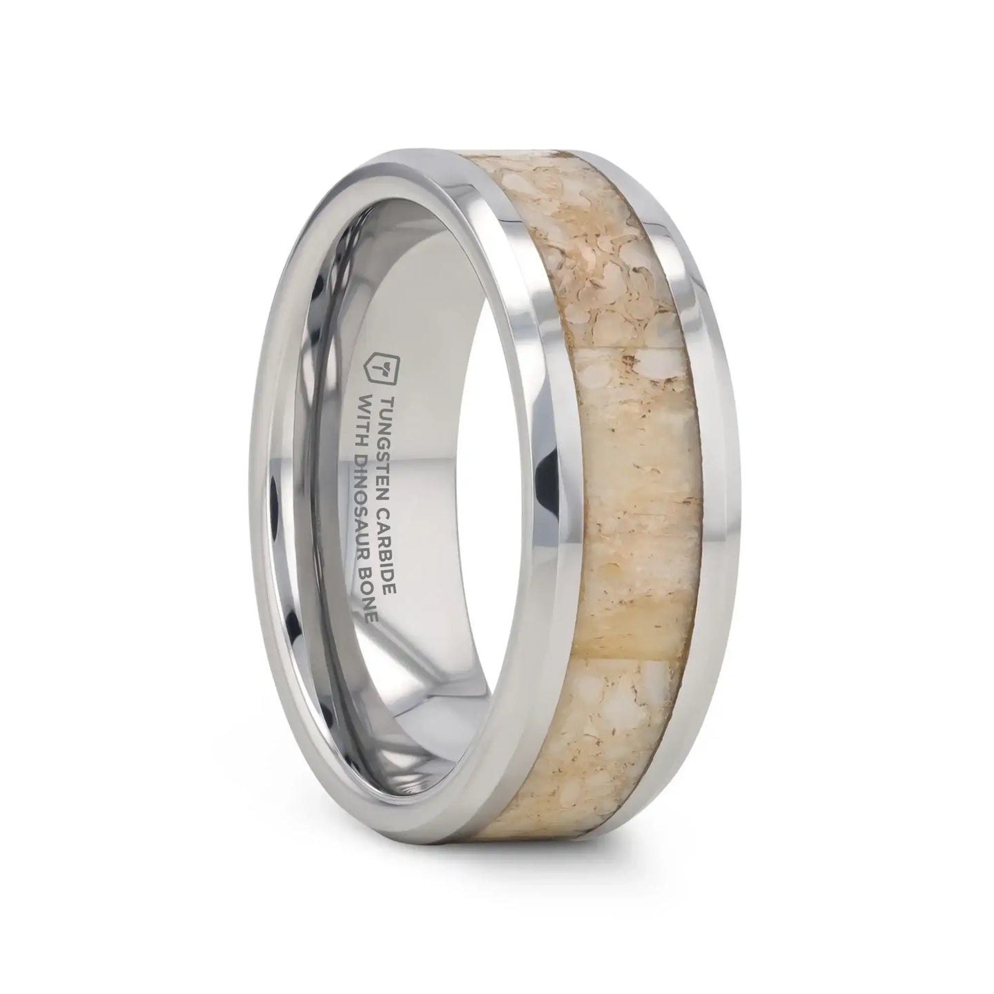 MESOZOIC Men’s Tungsten Flat Beveled Wedding Ring with White Dinosaur Bone Inlay - 4mm or 8mm - Larson Jewelers