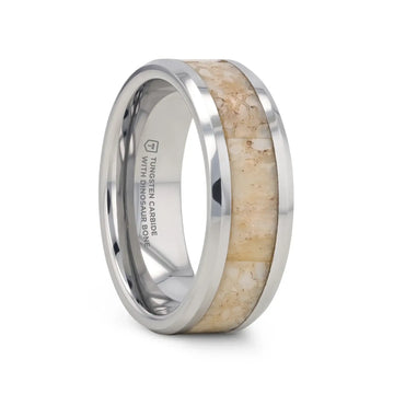 MESOZOIC Men’s Tungsten Flat Beveled Wedding Ring with White Dinosaur Bone Inlay - 4mm or 8mm - Larson Jewelers