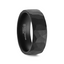 Angled view of an 8mm black tungsten carbide ring with a matte hammered texture
