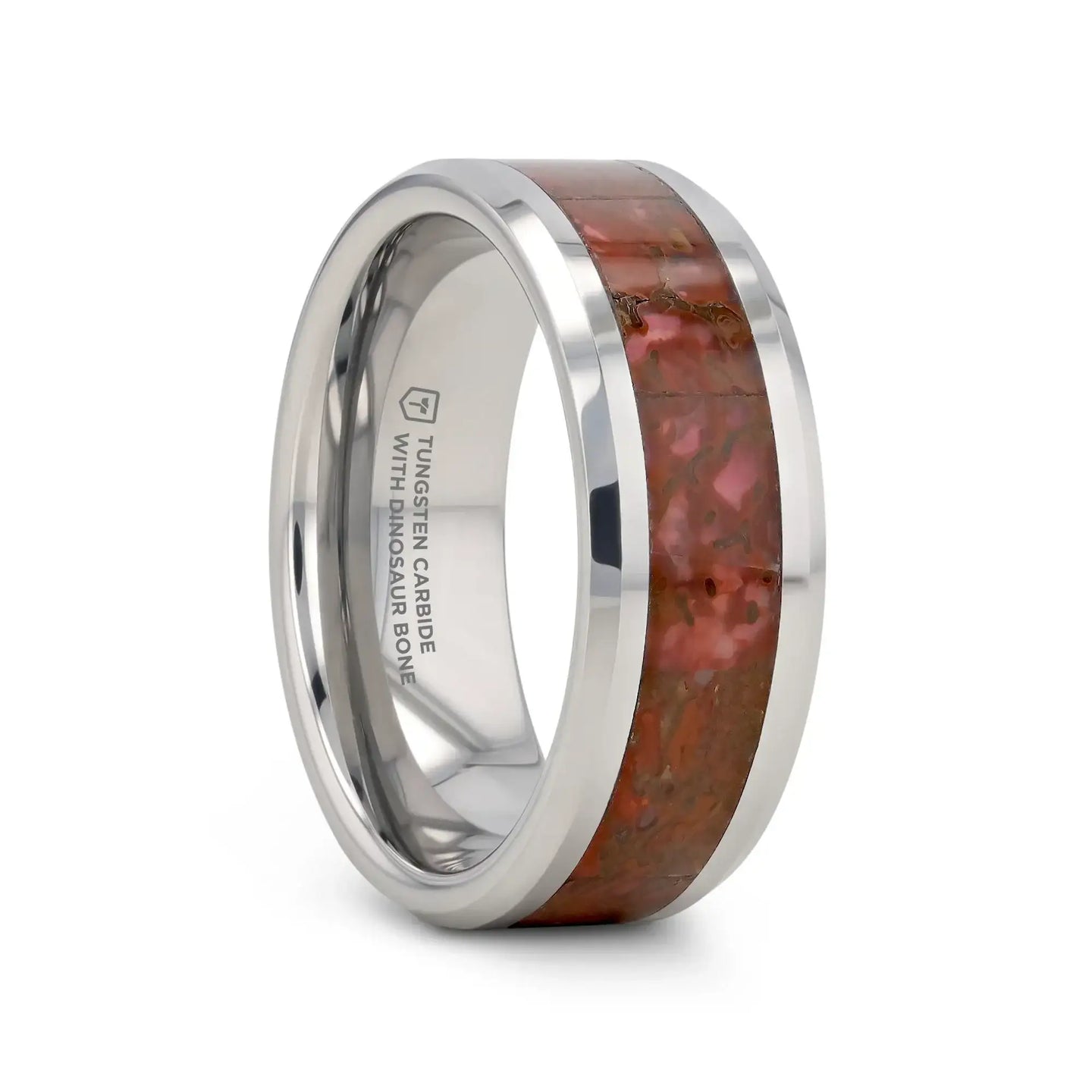 JURASSIC Red Dinosaur Bone Inlaid Tungsten Carbide Beveled Edged Ring - 4mm & 8mm - Larson Jewelers