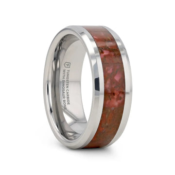 JURASSIC Red Dinosaur Bone Inlaid Tungsten Carbide Beveled Edged Ring - 4mm & 8mm - Larson Jewelers