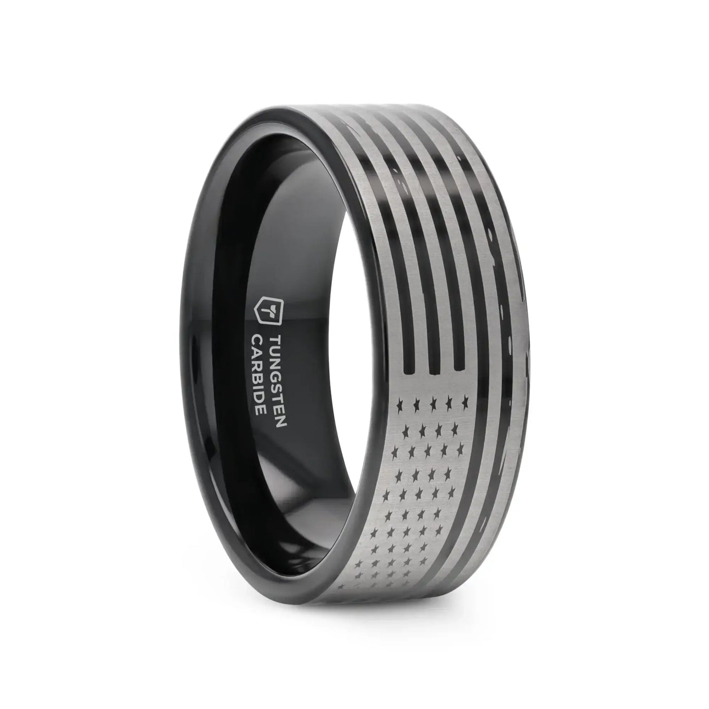 American Flags Engraved Flat Polished Black Tungsten Bands - Larson Jewelers