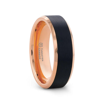 HAYDEN Rose Gold Plated Tungsten Beveled Ring with Brushed Black Center, Comfort Fit (6mm & 8mm) - Larson Jewelers