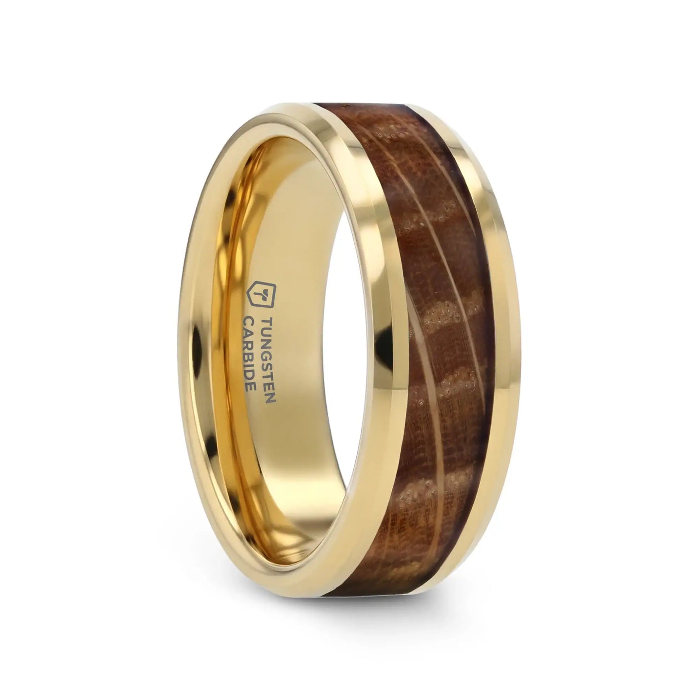 PROOF Tungsten Men's Wedding Band With Polished Beveled Edges & Whiskey Barrel Inlay - 8mm - Larson Jewelers