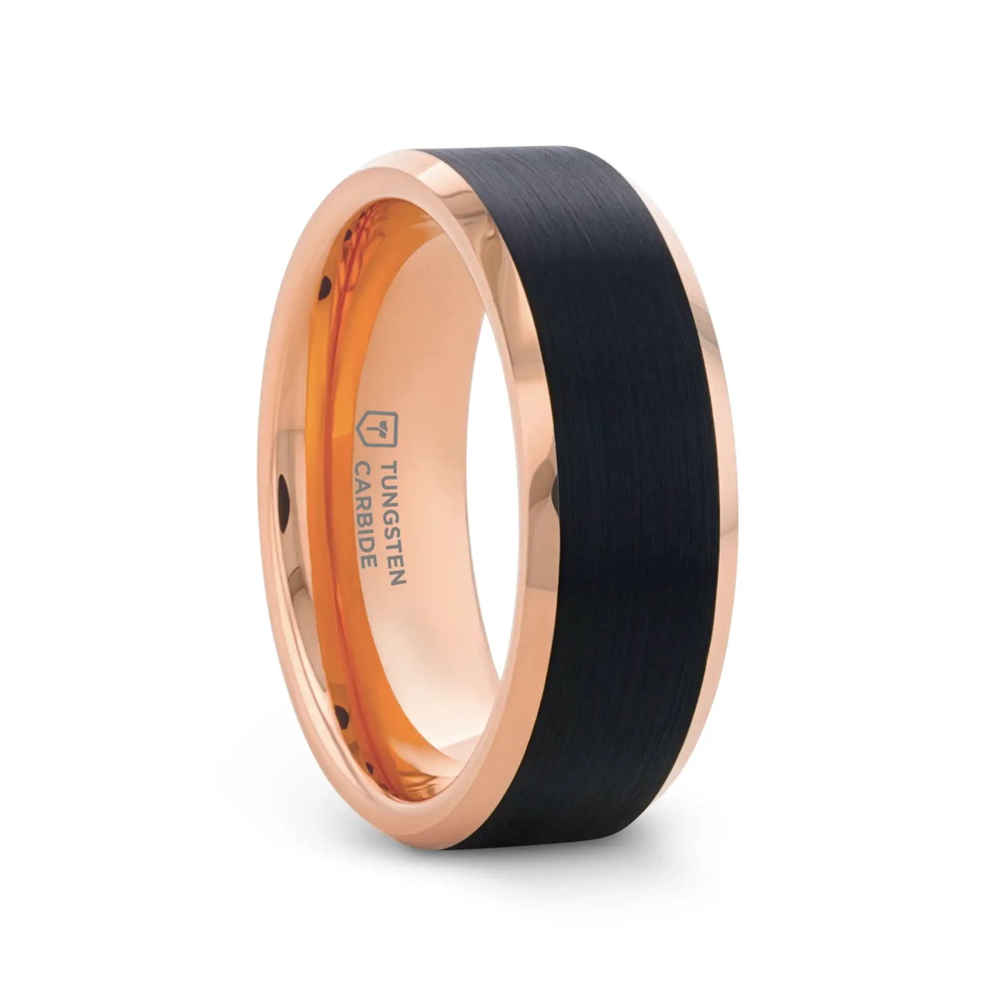 Rose gold plated tungsten carbide ring with brushed black center and polished beveled edges, angled view