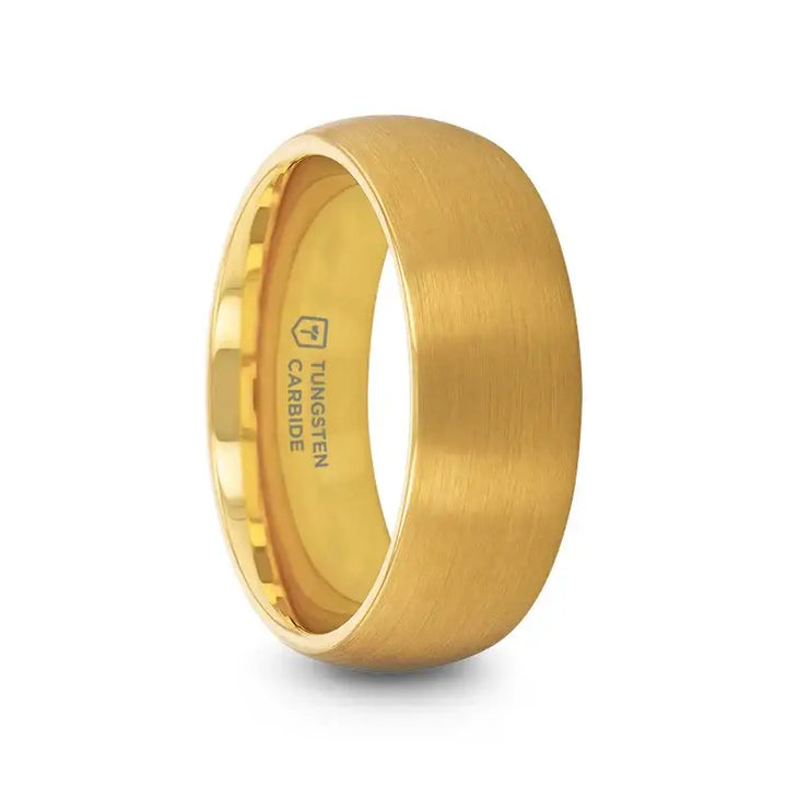 Angled view of a gold-plated tungsten domed ring with brushed exterior and polished interior