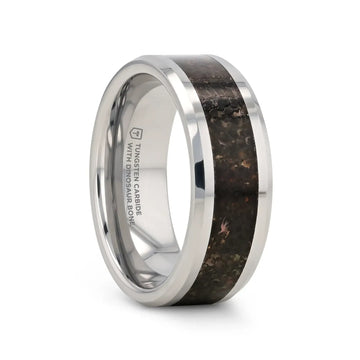 DRACARYS Tungsten Ring Black Dinosaur Inlay with Polished Bevel Edges - 8mm - Larson Jewelers