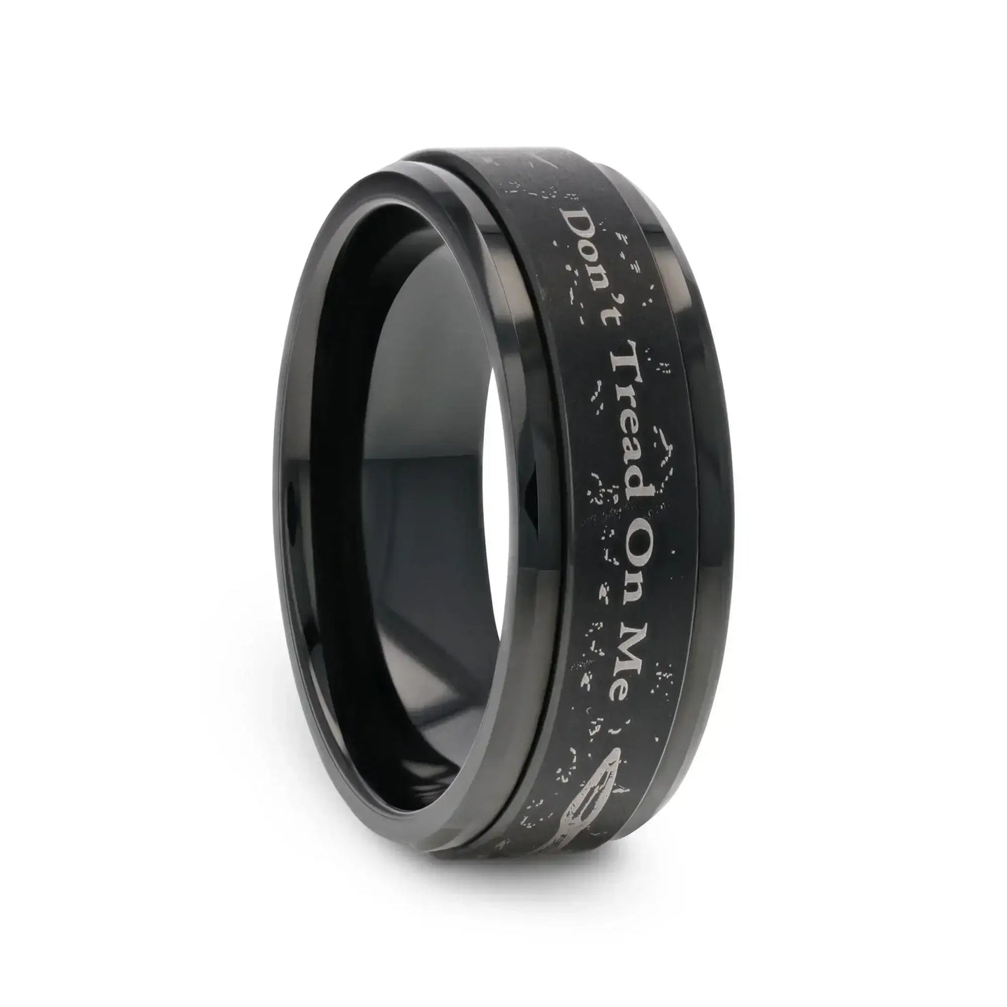 "Don't Tread on Me" Engraved Black Tungsten Spinner Ring with Snake Design - Larson Jewelers