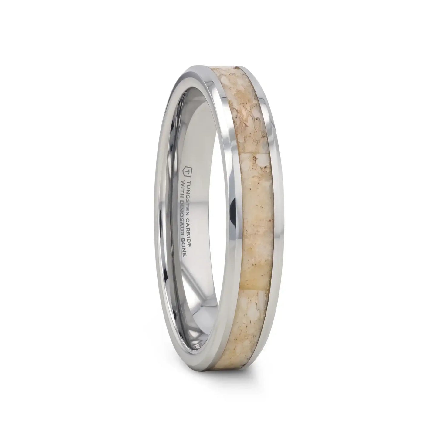 MESOZOIC Men’s Tungsten Flat Beveled Wedding Ring with White Dinosaur Bone Inlay - 4mm - Larson Jewelers