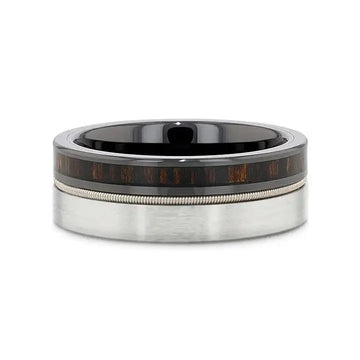 Top-down flat view of the SLATE 8mm tungsten and black ceramic hybrid ring showing ebony wood inlay band and steel guitar string detail