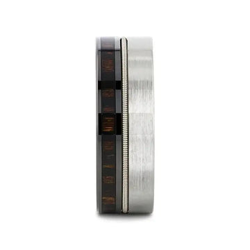 Profile view of the SLATE 8mm hybrid ring highlighting the ebony wood inlay and steel guitar string channel