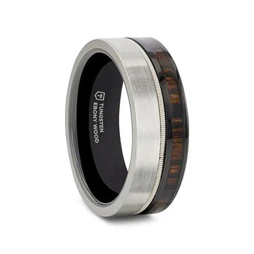 Angled side view of the SLATE 8mm tungsten and black ceramic hybrid ring with ebony wood inlay and steel guitar string accent, black ceramic interior