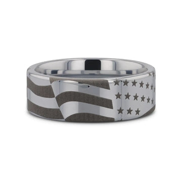 U.S. Flag Patriot Engraved Polished Flat Pipe Cut Tungsten Ring - 6mm - 12mm - Larson Jewelers