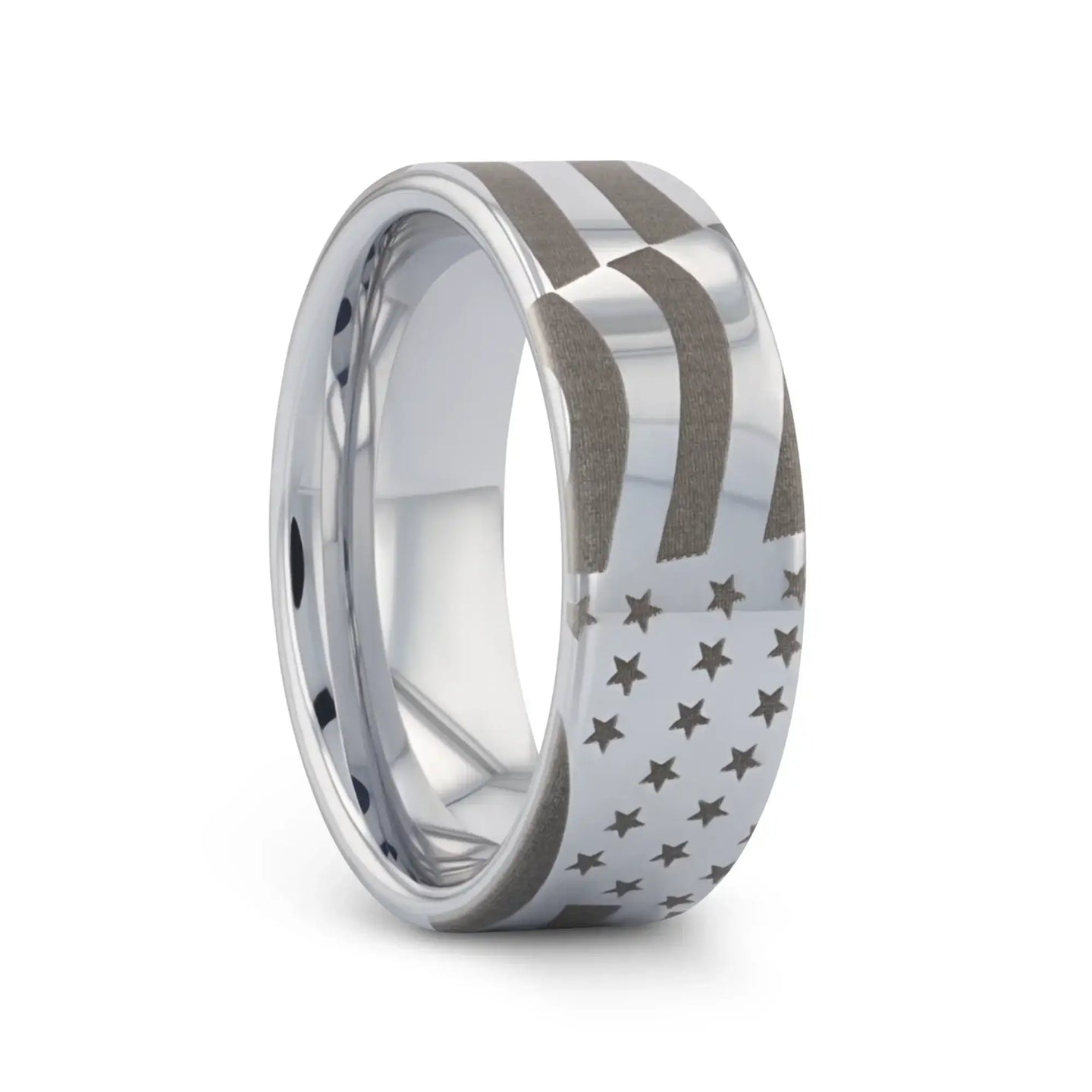 U.S. Flag Patriot Engraved Polished Flat Pipe Cut Tungsten Ring - 6mm - 12mm - Larson Jewelers
