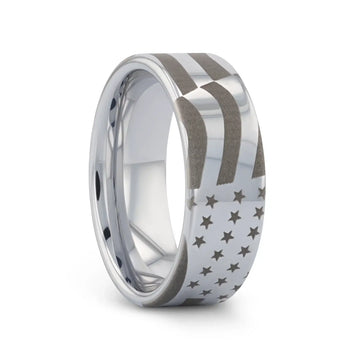 U.S. Flag Patriot Engraved Polished Flat Pipe Cut Tungsten Ring - 6mm - 12mm - Larson Jewelers