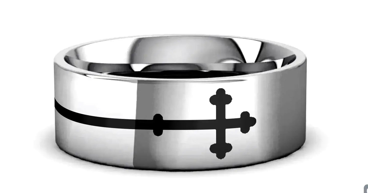 SIDEWAYS CROSS on Flat Tungsten Carbide Ring - Larson Jewelers