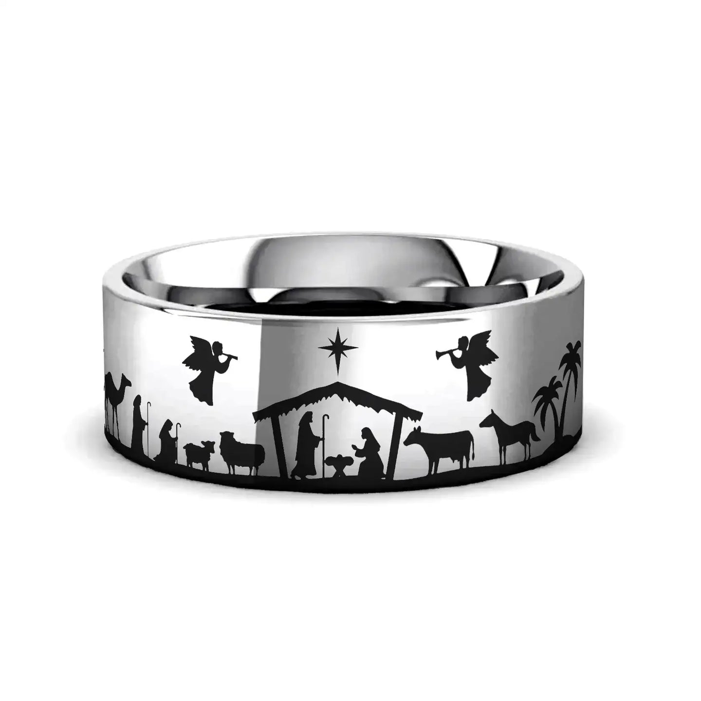 NATIVITY SCENE on Flat Tungsten Carbide Ring - Larson Jewelers