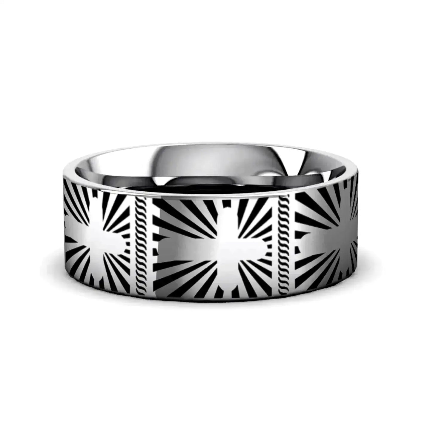 SUNBURST CROSSES on Flat Tungsten Carbide Ring - Larson Jewelers
